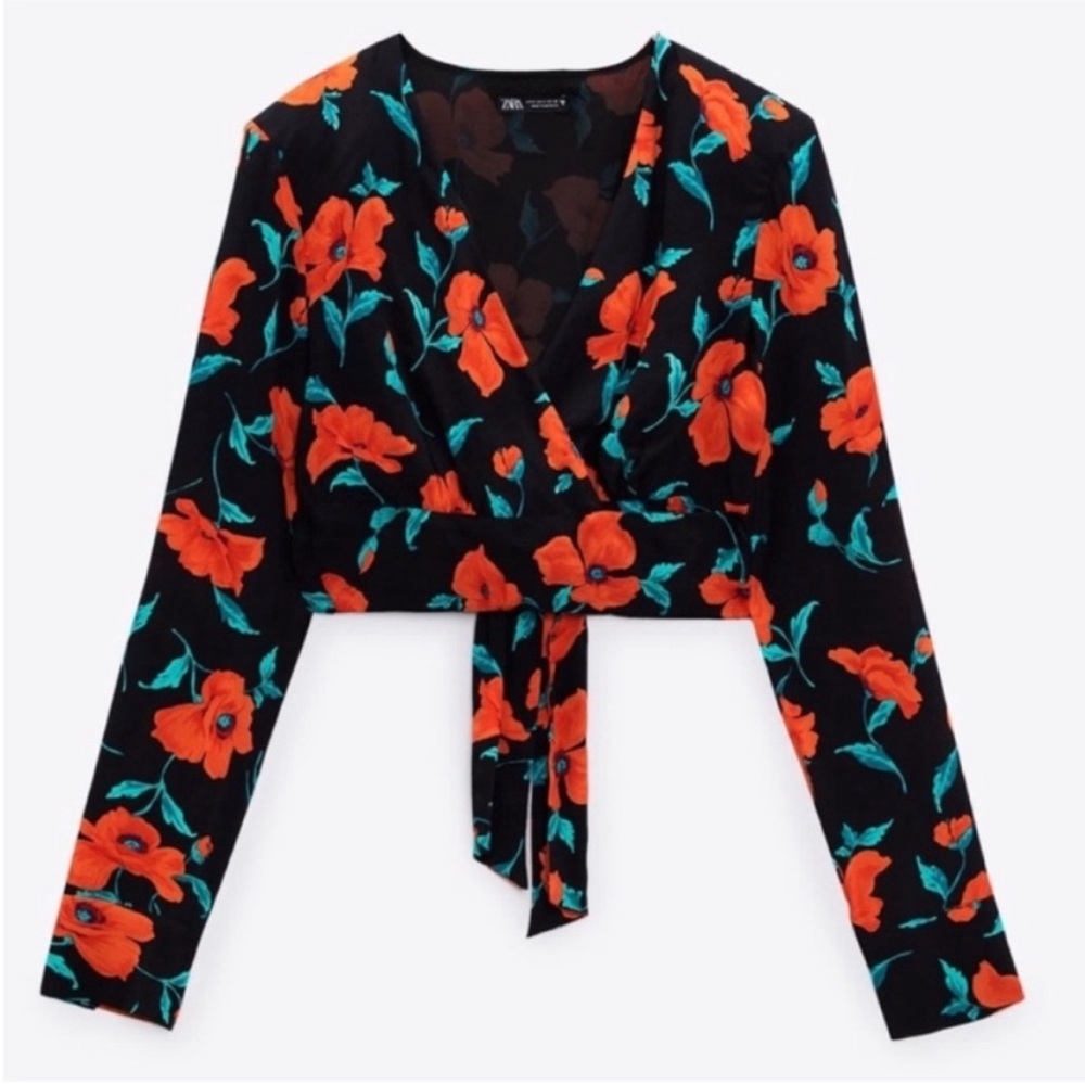 Zara Black Floral Wrap Top